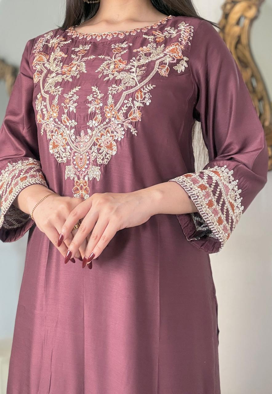 Elegant Viscose Embroidered 3PC Suit with Gharara & Chiffon Dupatta