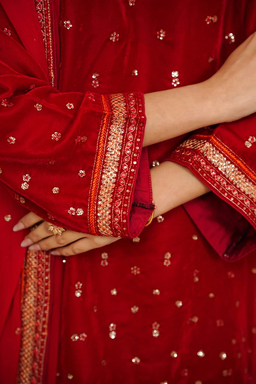 Velvet Embroidered 3-Piece Stitched Suit with Organza & Chiffon Dupatta – Festive Collection - RED