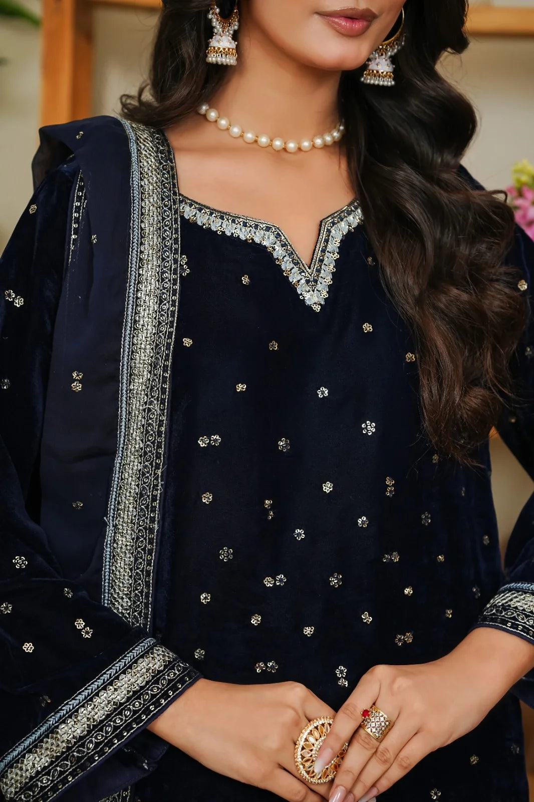 Velvet 3-Piece Stitched Embroidered Suit with Organza & Chiffon Dupatta – Luxury Ensemble - BLUE