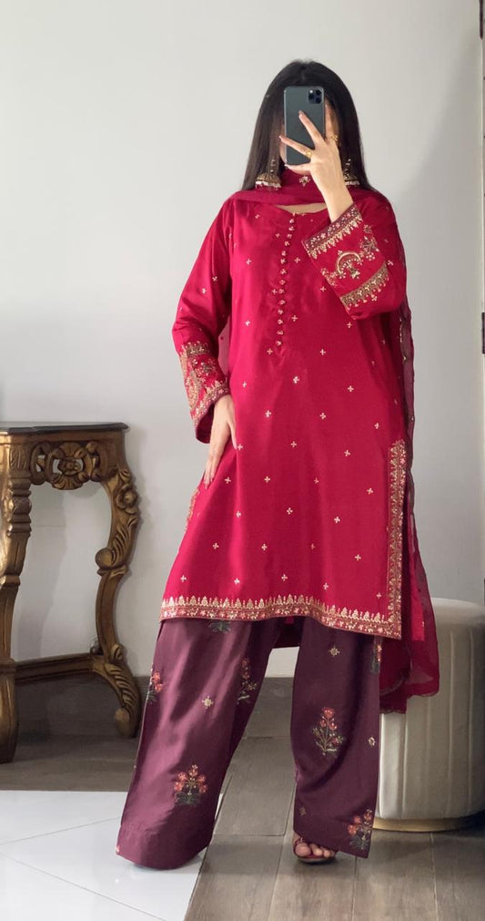 Luxury Viscose Embroidered 3PC Suit with Farshi Shalwar
