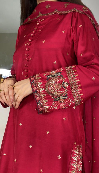 Luxury Viscose Embroidered 3PC Suit with Farshi Shalwar