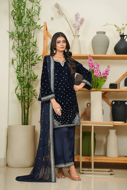 Velvet 3-Piece Stitched Embroidered Suit with Organza & Chiffon Dupatta – Luxury Ensemble - BLUE
