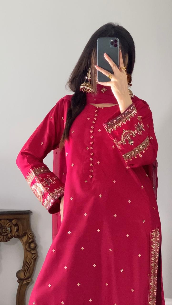 Luxury Viscose Embroidered 3PC Suit with Farshi Shalwar