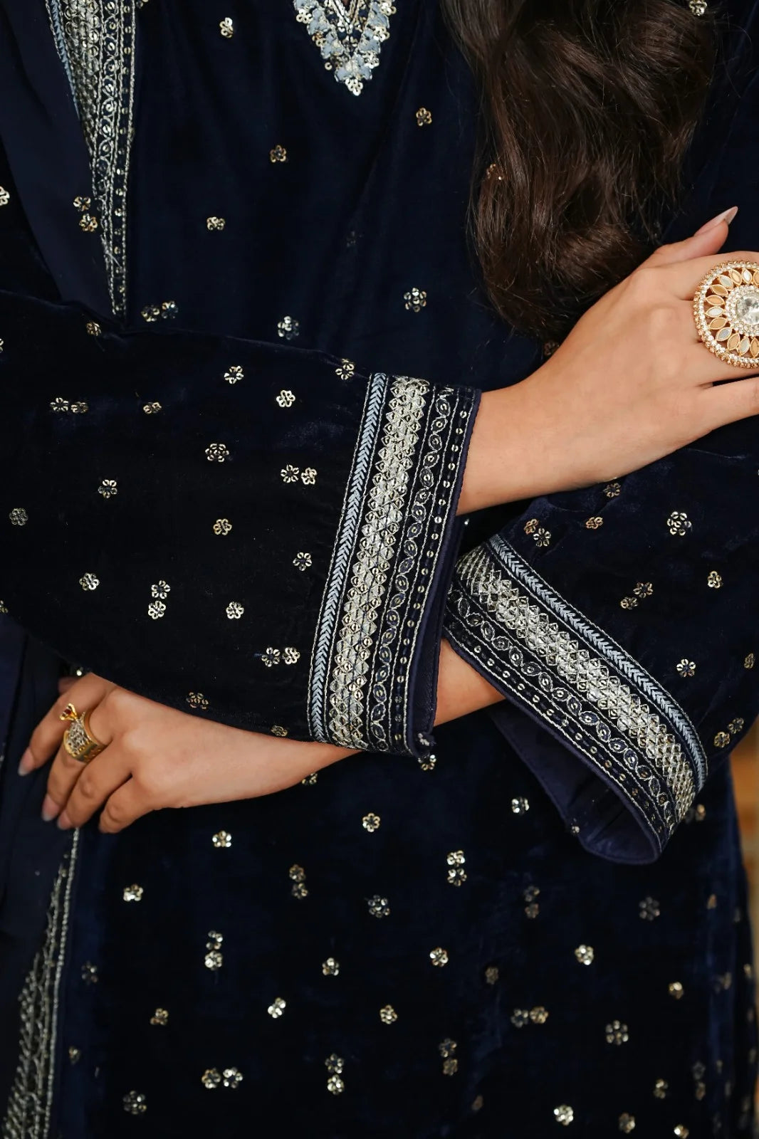 Velvet 3-Piece Stitched Embroidered Suit with Organza & Chiffon Dupatta – Luxury Ensemble - BLUE