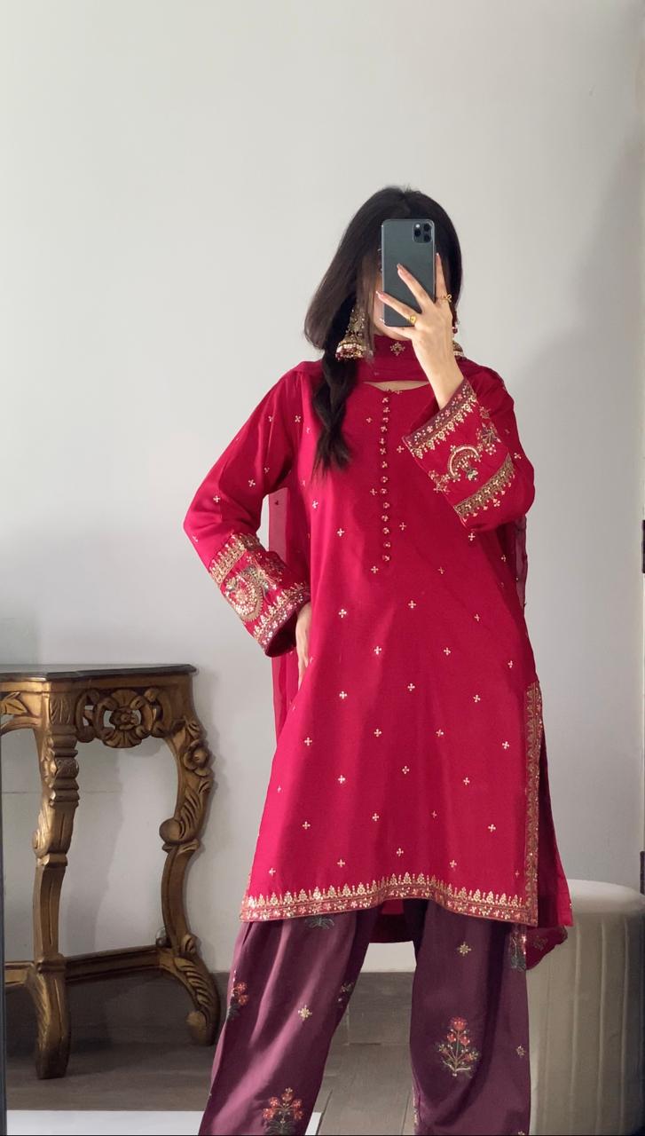 Luxury Viscose Embroidered 3PC Suit with Farshi Shalwar