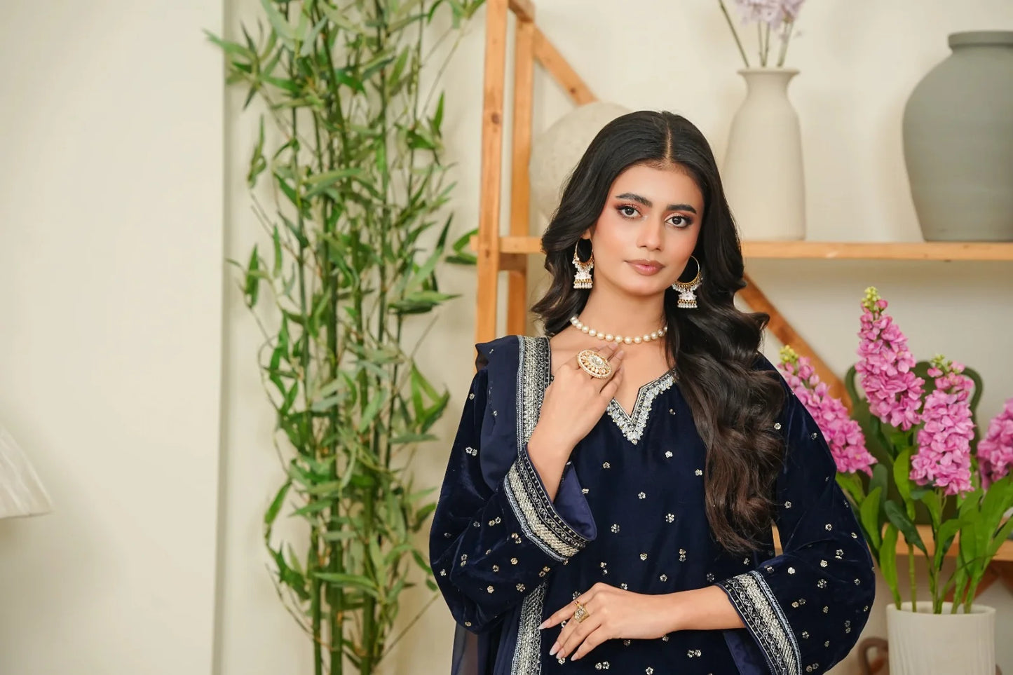 Velvet 3-Piece Stitched Embroidered Suit with Organza & Chiffon Dupatta – Luxury Ensemble - BLUE