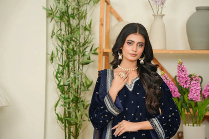 Velvet 3-Piece Stitched Embroidered Suit with Organza & Chiffon Dupatta – Luxury Ensemble - BLUE
