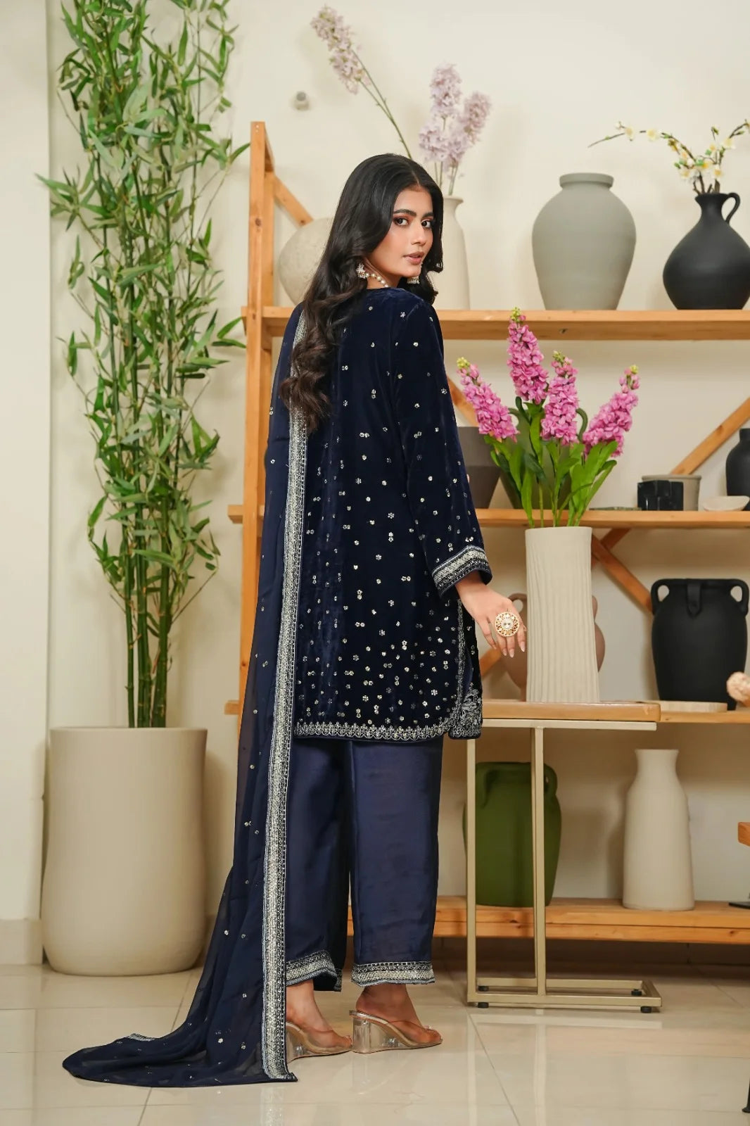 Velvet 3-Piece Stitched Embroidered Suit with Organza & Chiffon Dupatta – Luxury Ensemble - BLUE