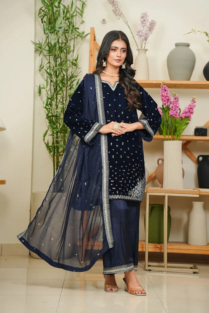 Velvet 3-Piece Stitched Embroidered Suit with Organza & Chiffon Dupatta – Luxury Ensemble - BLUE