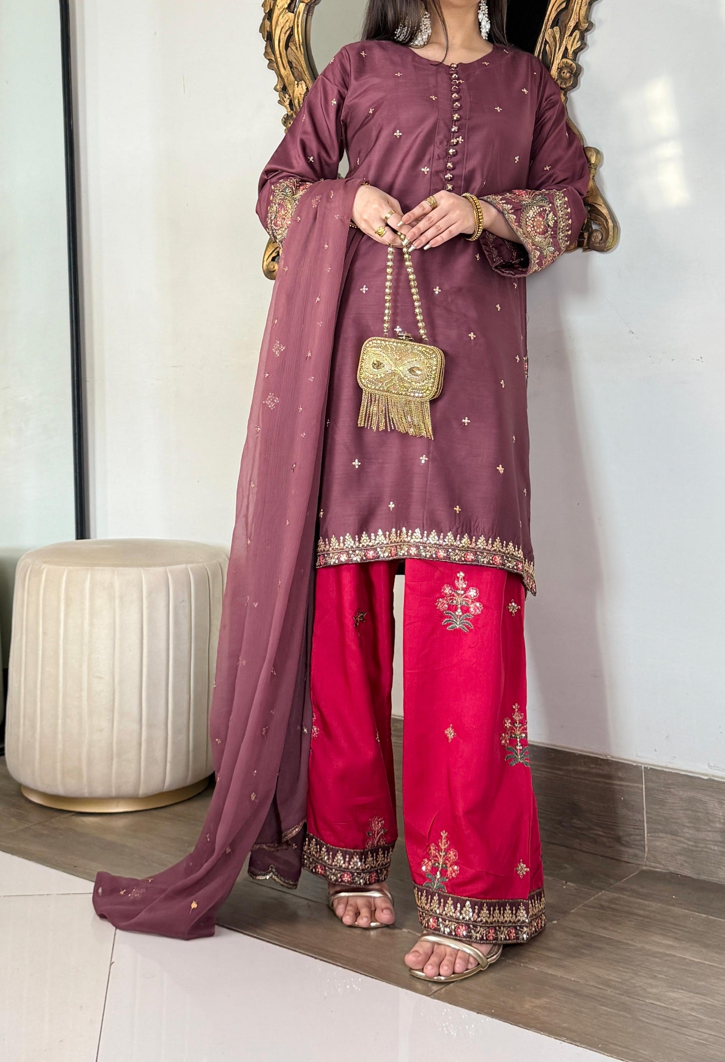 Amna Khurram – Viscose Embroidered Sharara 3 Piece Suit with Chiffon Dupatta