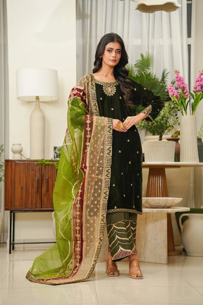 Velvet 3-Piece Stitched Embroidered Suit with Organza & Chiffon Dupatta – Premium Formal Wear - GREEN
