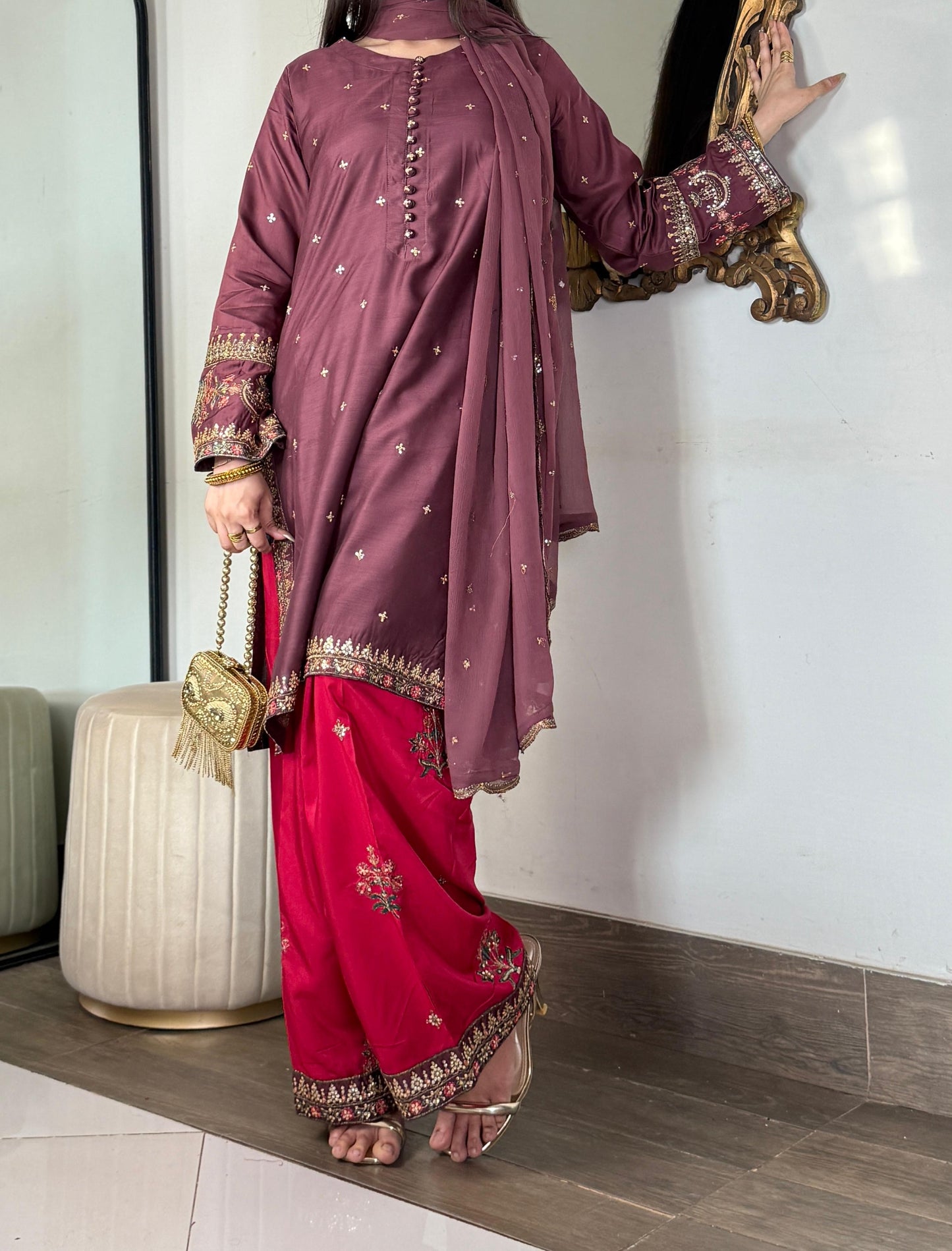 Amna Khurram – Viscose Embroidered Sharara 3 Piece Suit with Chiffon Dupatta