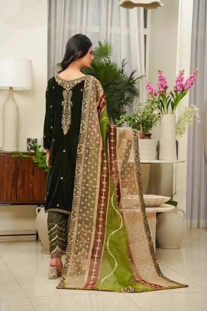 Velvet 3-Piece Stitched Embroidered Suit with Organza & Chiffon Dupatta – Premium Formal Wear - GREEN