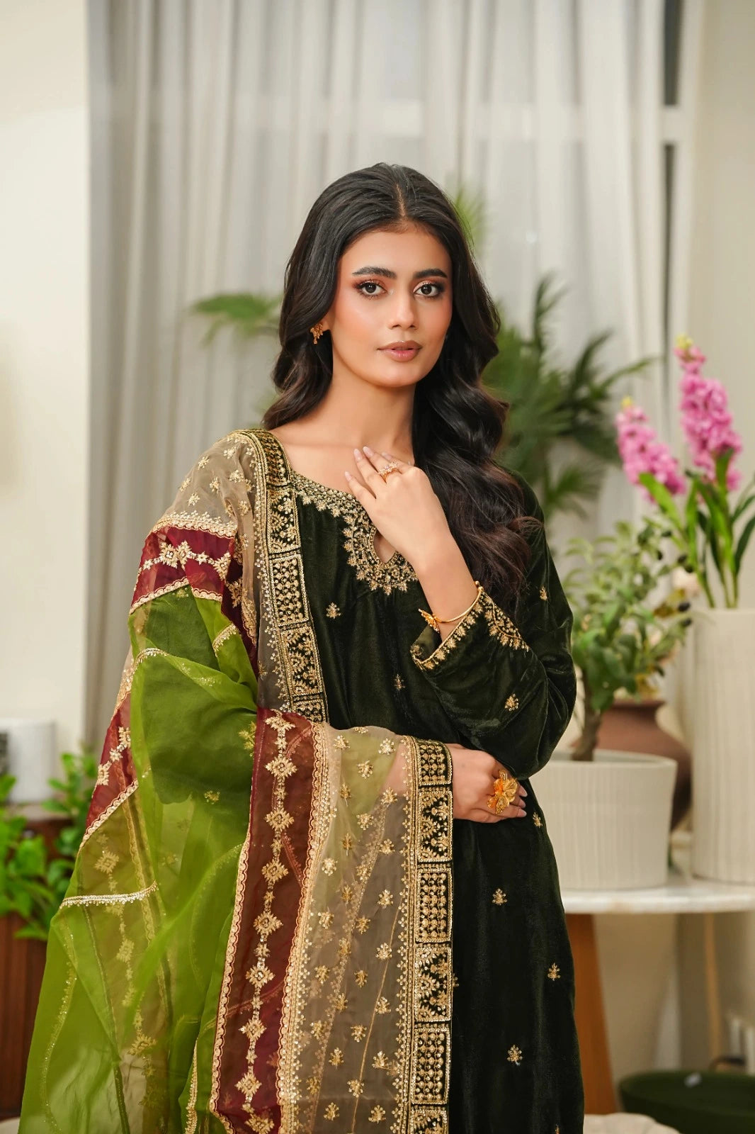 Velvet 3-Piece Stitched Embroidered Suit with Organza & Chiffon Dupatta – Premium Formal Wear - GREEN