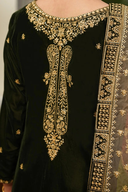 Velvet 3-Piece Stitched Embroidered Suit with Organza & Chiffon Dupatta – Premium Formal Wear - GREEN