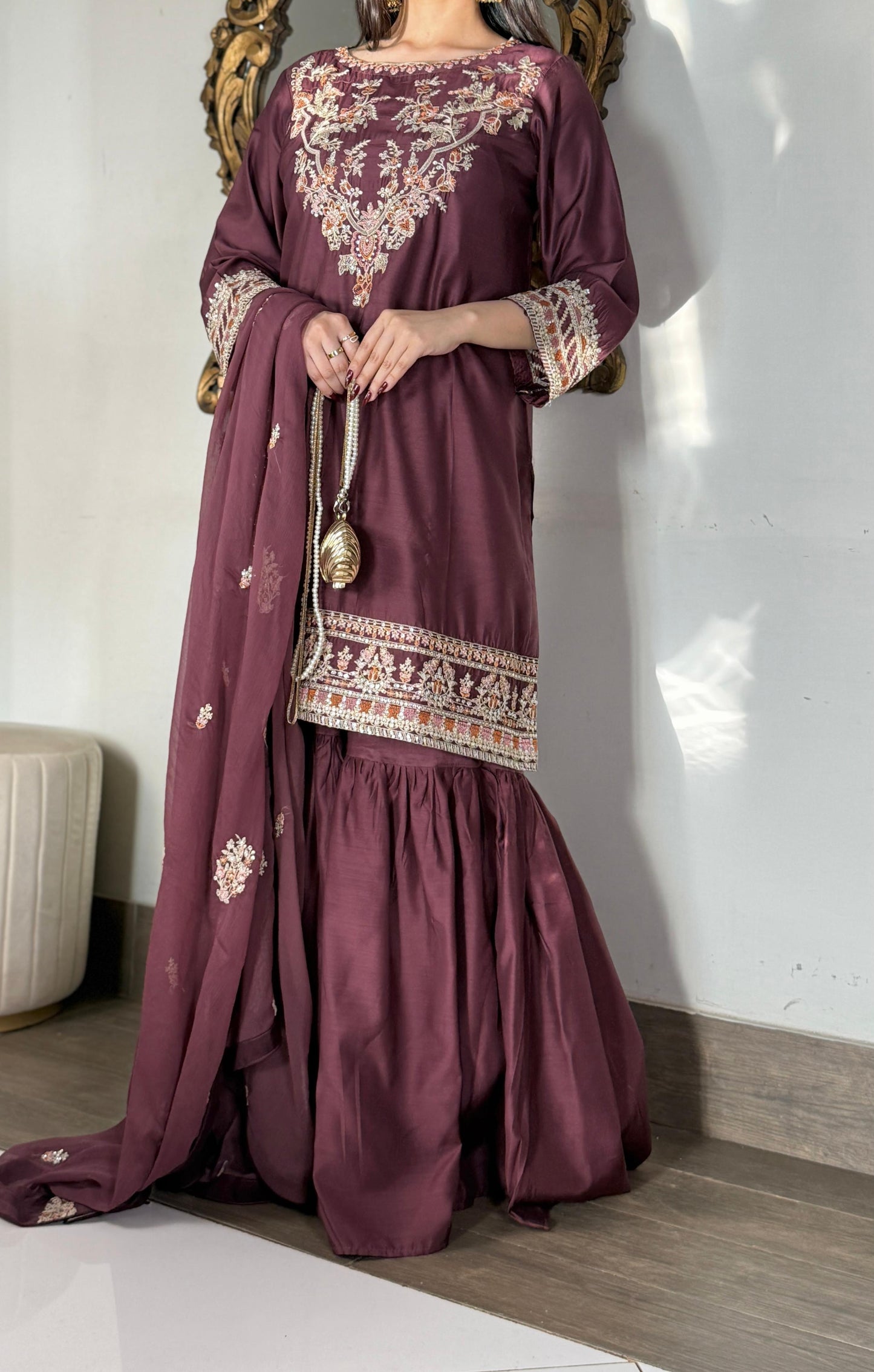 Elegant Viscose Embroidered 3PC Suit with Gharara & Chiffon Dupatta