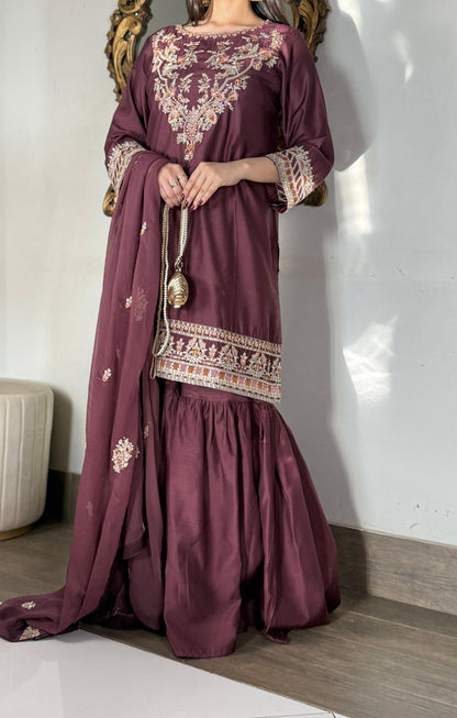 Elegant Viscose Embroidered 3PC Suit with Gharara & Chiffon Dupatta