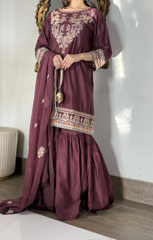 Elegant Viscose Embroidered 3PC Suit with Gharara & Chiffon Dupatta