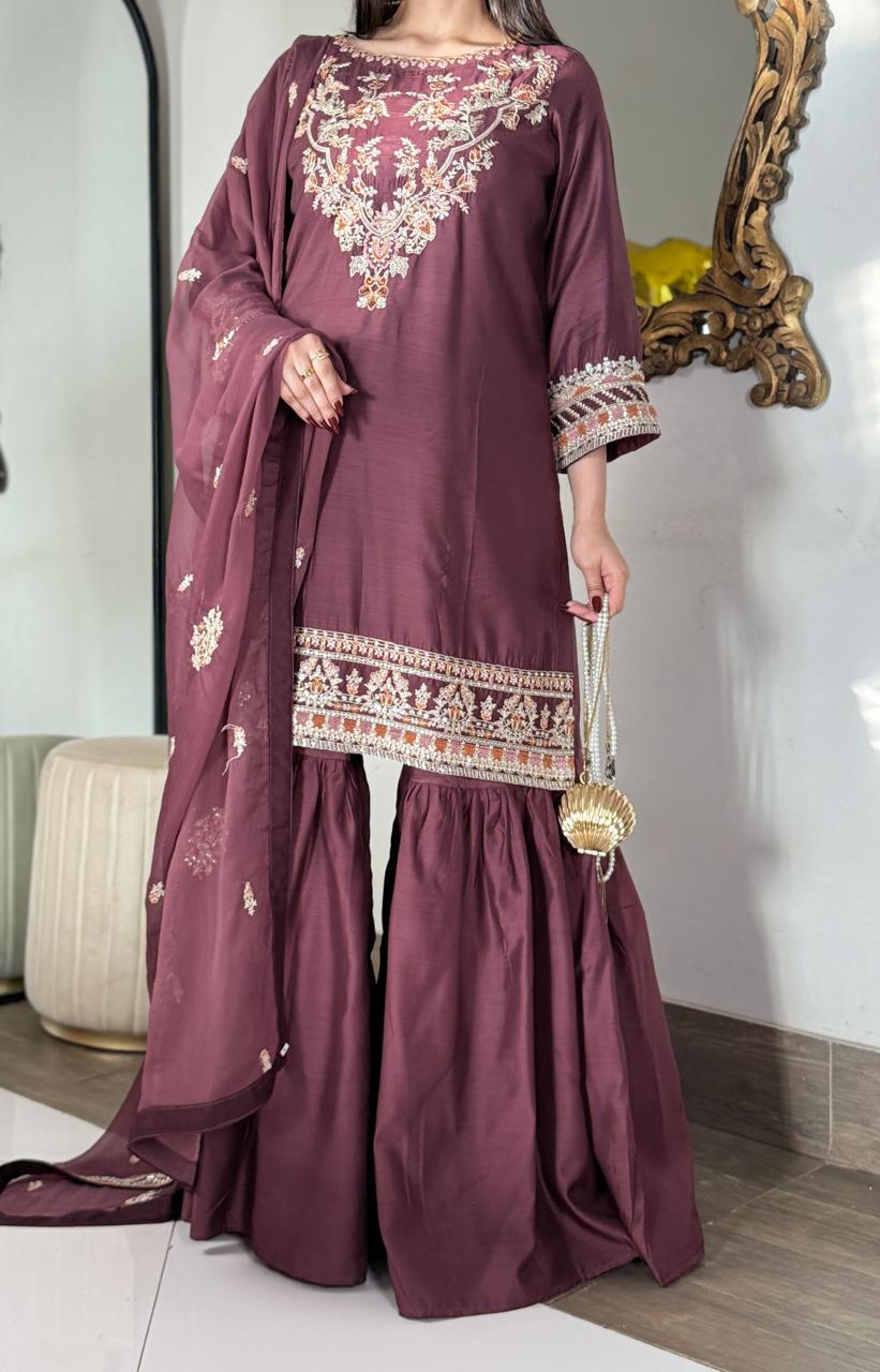 Elegant Viscose Embroidered 3PC Suit with Gharara & Chiffon Dupatta