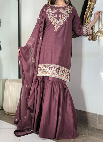 Elegant Viscose Embroidered 3PC Suit with Gharara & Chiffon Dupatta