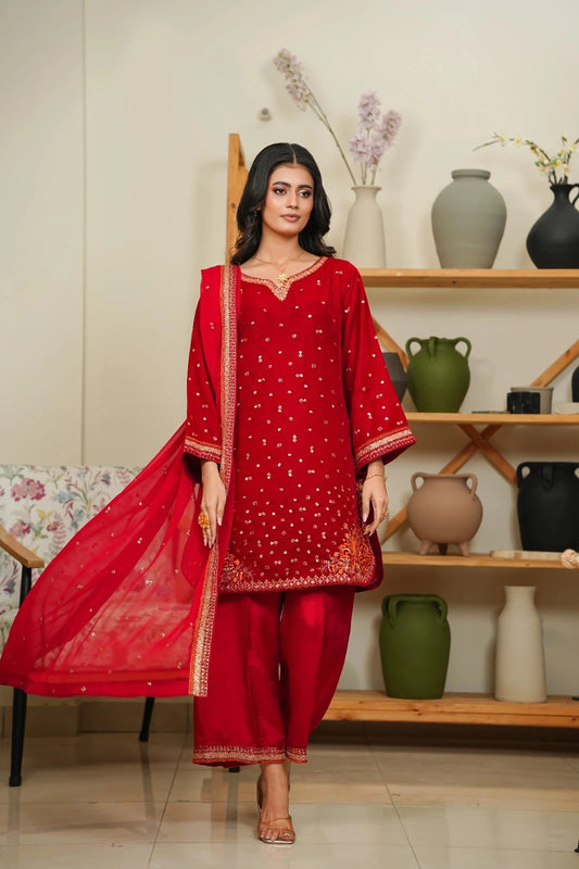 Velvet Embroidered 3-Piece Stitched Suit with Organza & Chiffon Dupatta – Festive Collection - RED