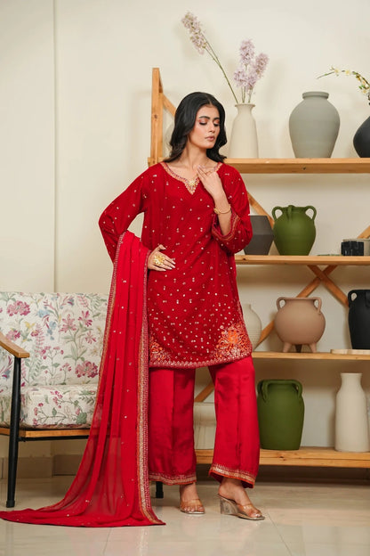 Velvet Embroidered 3-Piece Stitched Suit with Organza & Chiffon Dupatta – Festive Collection - RED