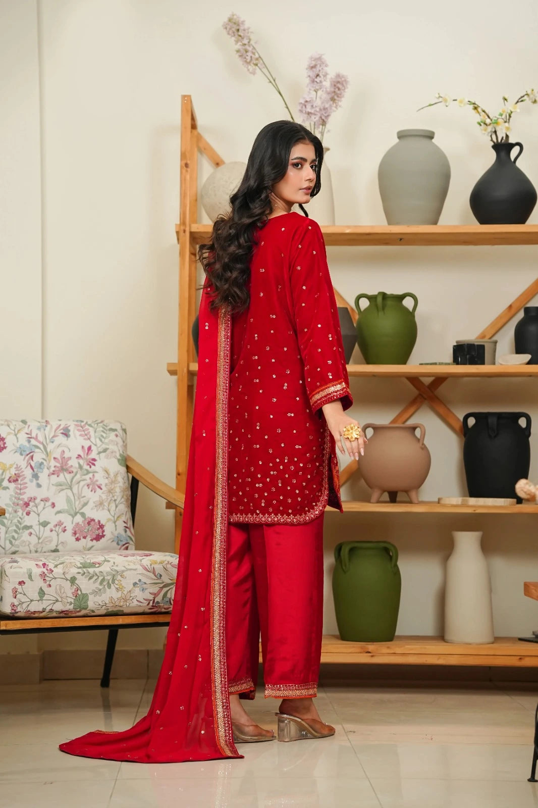 Velvet Embroidered 3-Piece Stitched Suit with Organza & Chiffon Dupatta – Festive Collection - RED