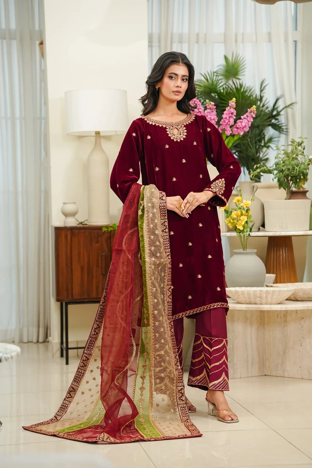 Luxury Velvet 3-Piece Stitched Suit with Embroidery & Organza Chiffon Dupatta - MAROON