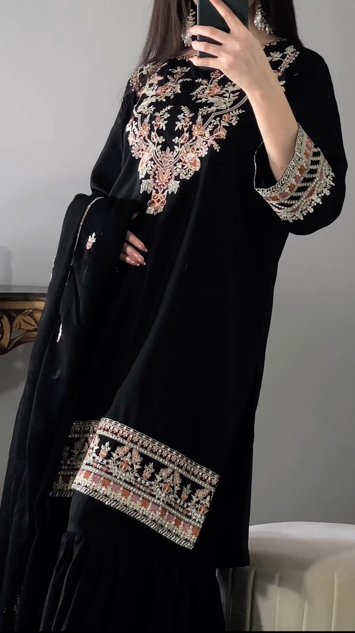 Amna Khurram – Viscose Embroidered Sharara 3 Piece Suit with Chiffon Dupatta