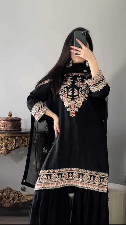 Amna Khurram – Viscose Embroidered Sharara 3 Piece Suit with Chiffon Dupatta