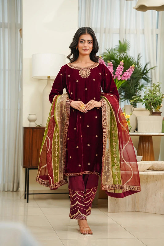 Luxury Velvet 3-Piece Stitched Suit with Embroidery & Organza Chiffon Dupatta - MAROON