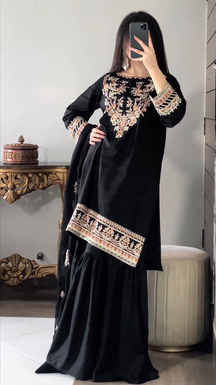 Amna Khurram – Viscose Embroidered Sharara 3 Piece Suit with Chiffon Dupatta