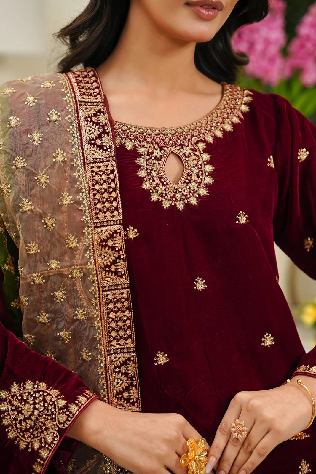 Luxury Velvet 3-Piece Stitched Suit with Embroidery & Organza Chiffon Dupatta - MAROON