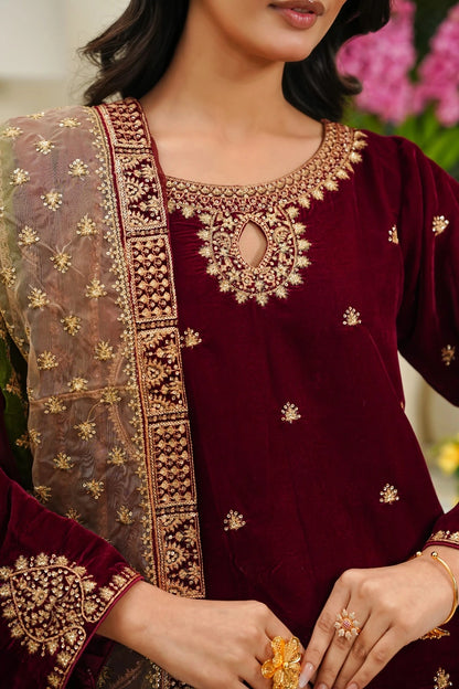 Luxury Velvet 3-Piece Stitched Suit with Embroidery & Organza Chiffon Dupatta - MAROON