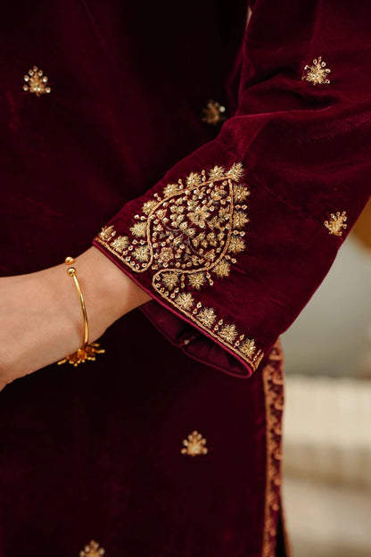 Luxury Velvet 3-Piece Stitched Suit with Embroidery & Organza Chiffon Dupatta - MAROON