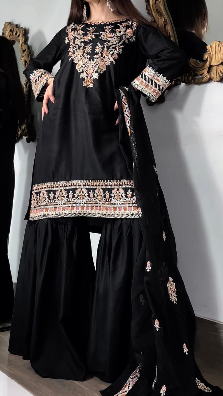 Amna Khurram – Viscose Embroidered Sharara 3 Piece Suit with Chiffon Dupatta