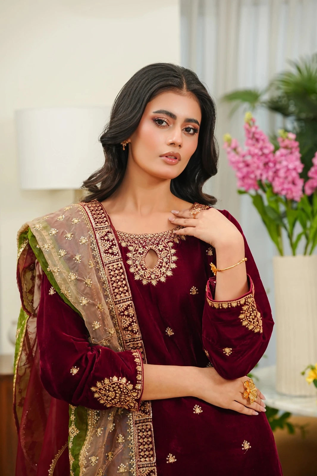 Luxury Velvet 3-Piece Stitched Suit with Embroidery & Organza Chiffon Dupatta - MAROON