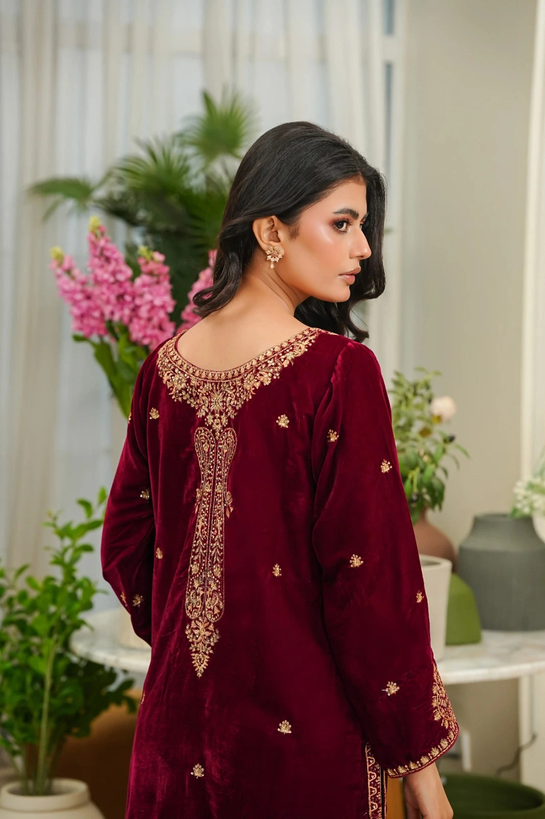 Luxury Velvet 3-Piece Stitched Suit with Embroidery & Organza Chiffon Dupatta - MAROON