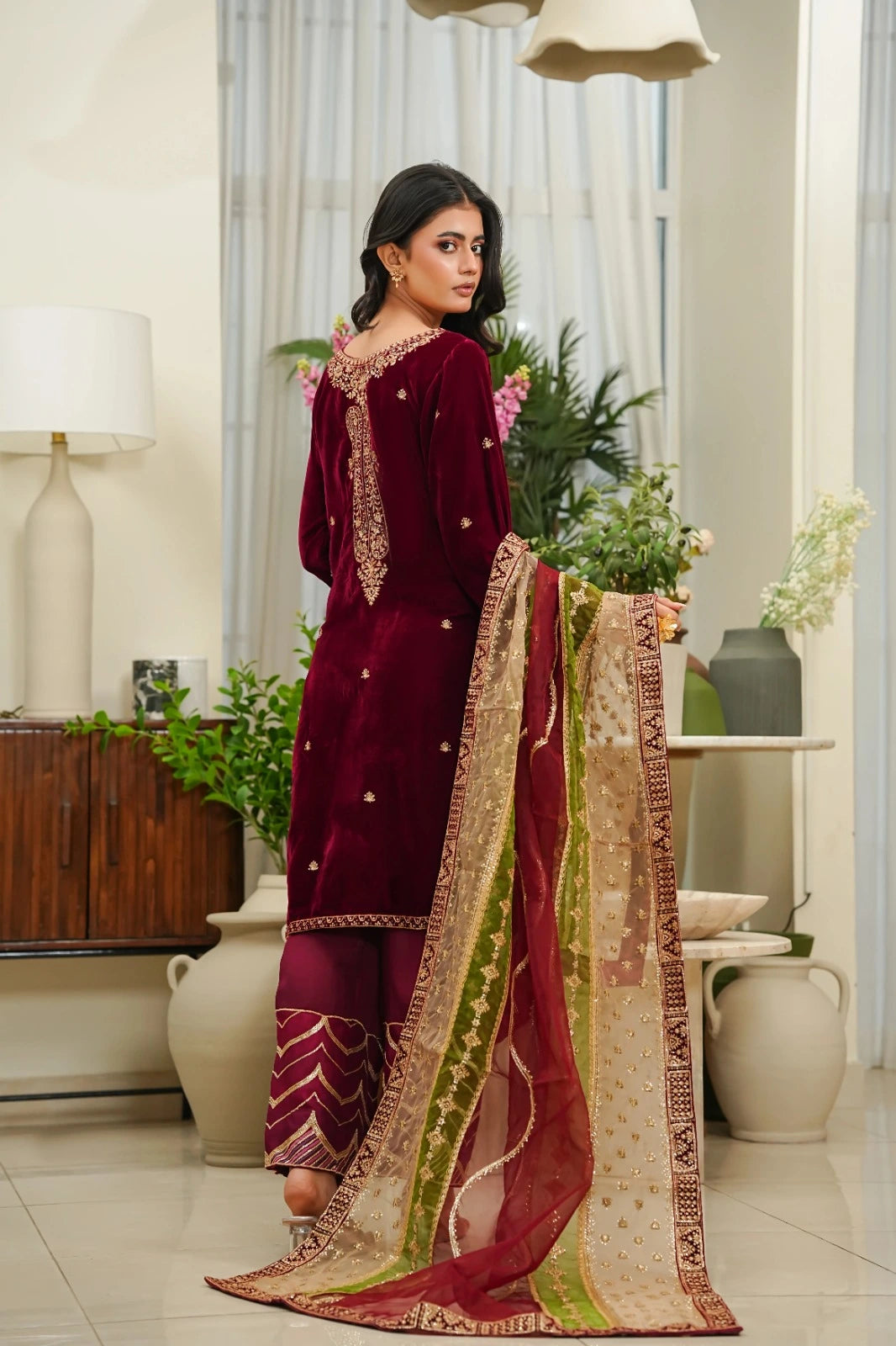 Luxury Velvet 3-Piece Stitched Suit with Embroidery & Organza Chiffon Dupatta - MAROON