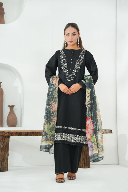 Amna Khuram Black JAL Embroidery Neck Cotton Lawn 3PC – Stitched