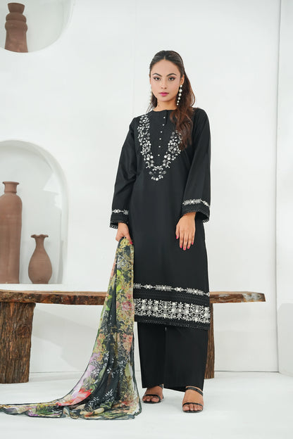 Amna Khuram Black JAL Embroidery Neck Cotton Lawn 3PC – Stitched