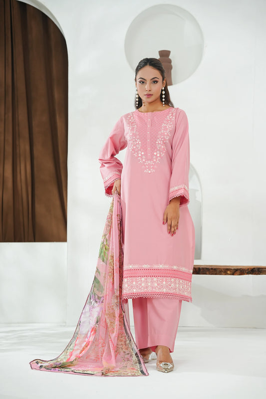 Amna Khuram – Peach JAL Embroidery Neck Cotton Lawn 3PC Stitched