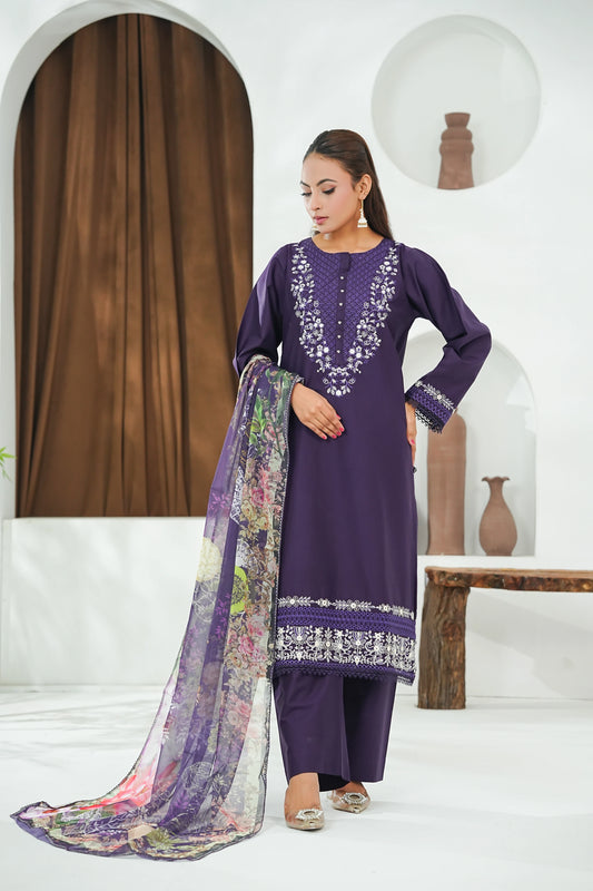 Amna Khuram – Purple JAL Embroidery Neck Cotton Lawn 3PC Stitched