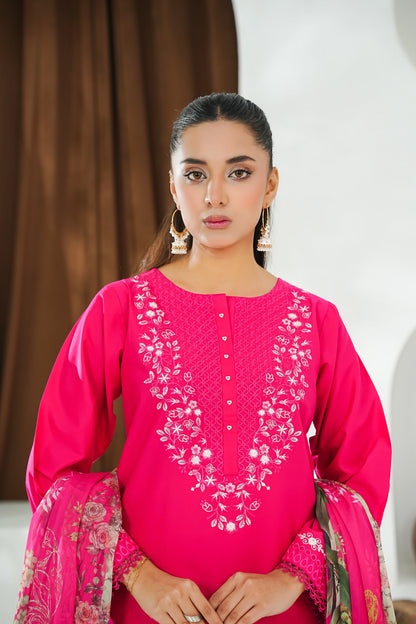 Amna Khuram – Deep Pink (D. Pink) JAL Embroidery Neck Cotton Lawn 3PC Stitched