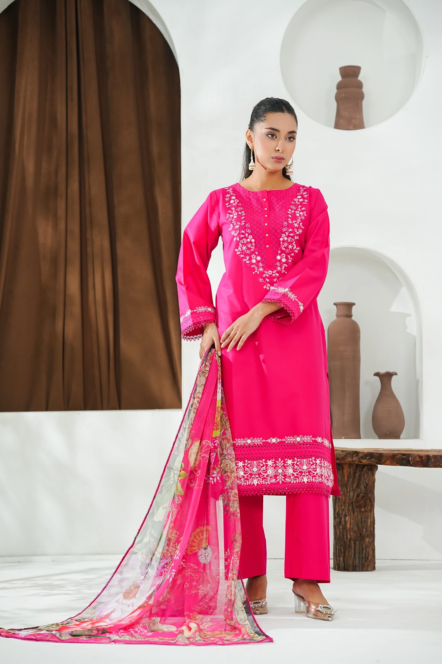 Amna Khuram – Deep Pink (D. Pink) JAL Embroidery Neck Cotton Lawn 3PC Stitched