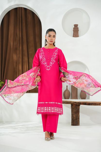 Amna Khuram – Deep Pink (D. Pink) JAL Embroidery Neck Cotton Lawn 3PC Stitched