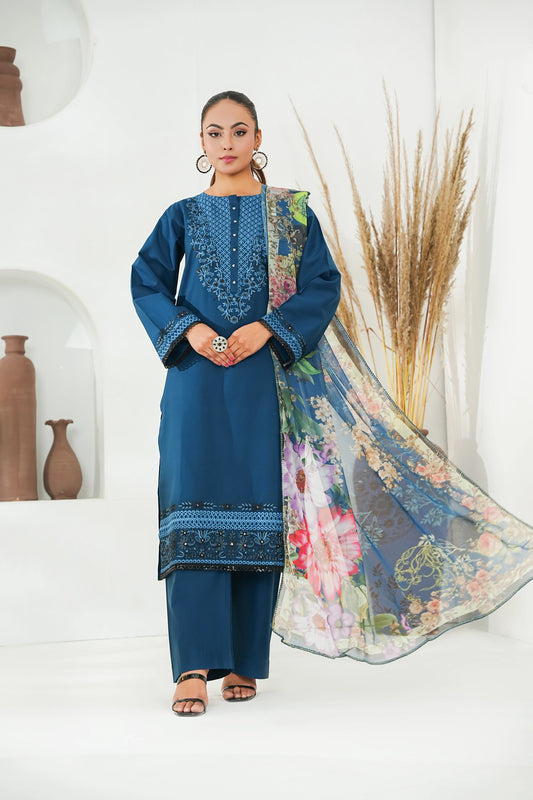 Amna Khuram – Teal JAL Embroidery Neck Cotton Lawn 3PC Stitched