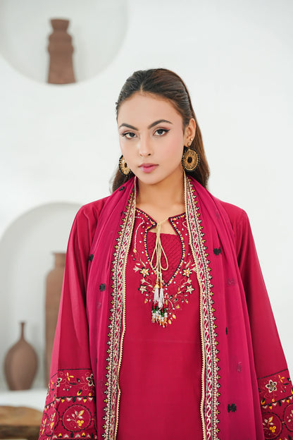 Amna Khuram – MAROON Embroidered 3PC Cotton Lawn Stitched Outfit