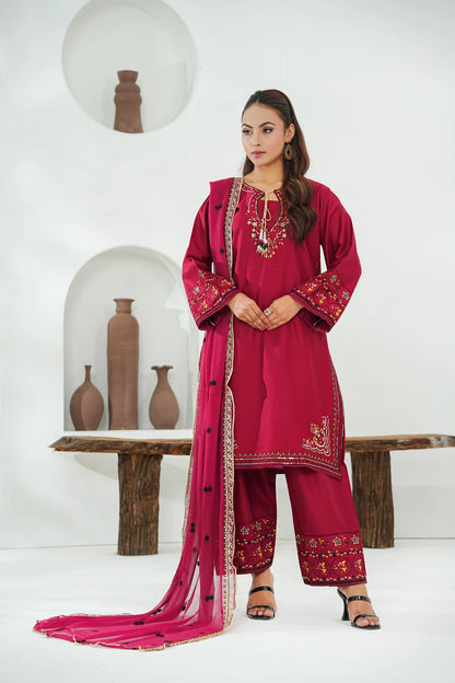 Amna Khuram – MAROON Embroidered 3PC Cotton Lawn Stitched Outfit