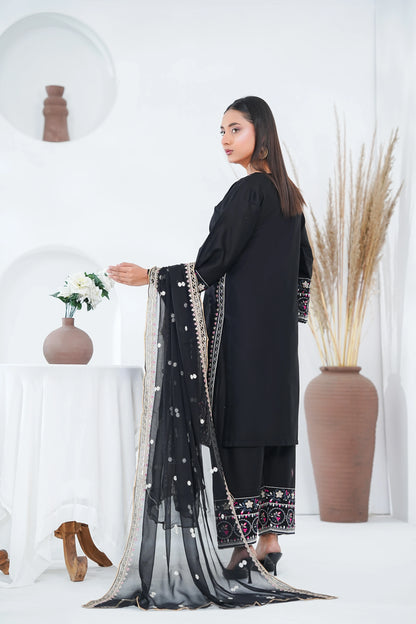 Amna Khuram – BLACK Embroidered 3PC Cotton Lawn Stitched Outfit